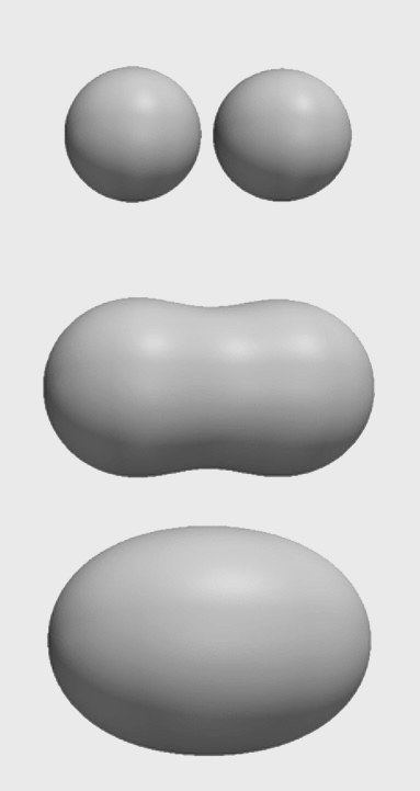 Rendered spheres joining into a peanut shape, then a single oval