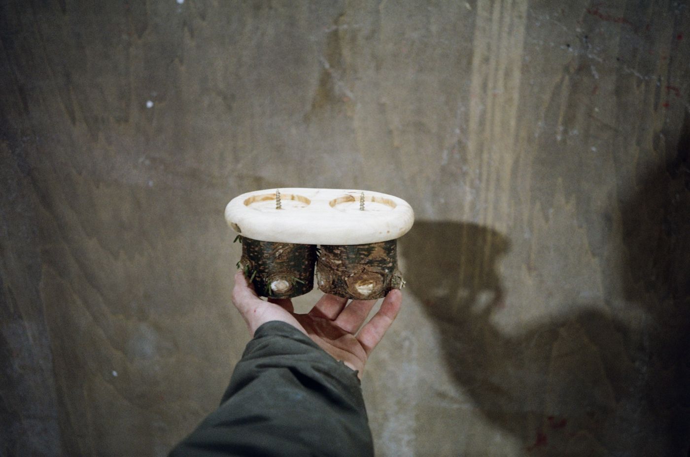 The holder held up in hand, an oval pine top on two bark-covered trunk legs