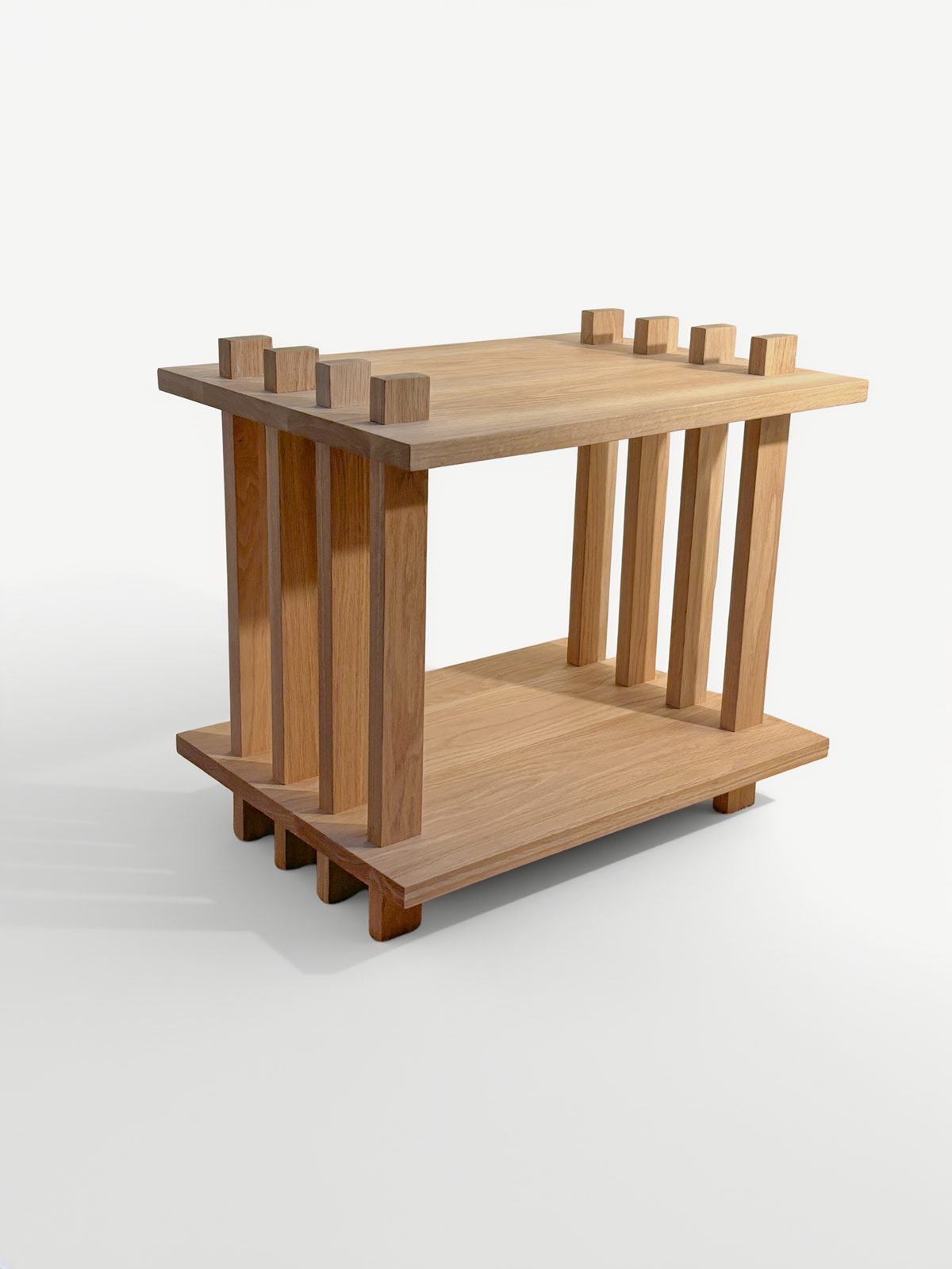 Turntable Table, an oak two-tier table with rows of square posts rising through both shelves